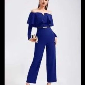 Off the Shoulder V-Wired Overlay Ruffle Trim Jumpsuit